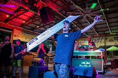 Guenther Oka celebrates after winning US$50,000 at Wakefest on Center Hill Lake, Tennessee, USA on July 21, 2019