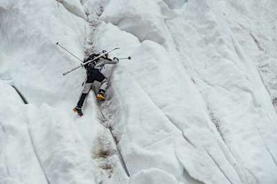 Andrzej Bargiel is seen scaling an ice wall during his first attempt at the ascent of K2 in Pakistan on June 25, 2018.