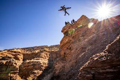 Brandon Semenuk tailwhips at 2021 Red Bull Rampage practice