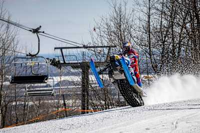 Levi LaVallee filming for Red Bull Portside at Spirit Mountain Ski Resort in Duluth, Minnesota on March 4, 2021.