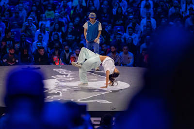Logistx of of the USA competes against Nadia of Russia during the Red Bull BC One World Final at the Ergo Arena in Gdansk, Poland on November 6, 2021.