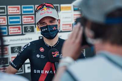 Tom Pidcock is interviewed after the race at the 2021 UCI Albstadt XCO World Cup.