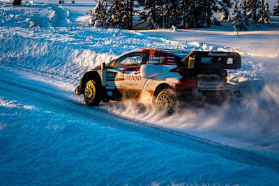 Takamoto Katsuta of team Toyota Gazoo Racing seen performing during the World Rally Championship Sweden in Umea, Sweden on February 25, 2022.