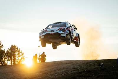 Sebastien Ogier and Julien Ingrassia of team Toyota Yaris WRC Toyota Gazoo Racing perform on day three in Monte Lerno during the World Rally Championship in Alghero, Italy on October 10, 2020. 