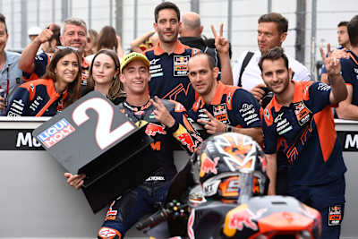 Moto™ rider Pedro Acosta celebrates winning the Italian Grand Prix in Scarperia e San Piero, Italy on May 28, 2022.  