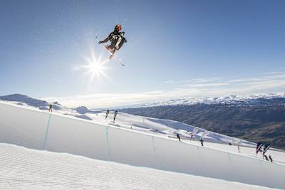 Nico Porteous performs in the men's ski pipe during the Winter Games at Cardrona Alpine Resort, New Zealand on August 30, 2017. 