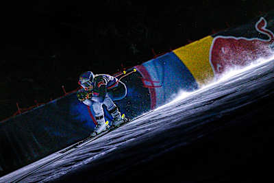 An image of skier Lindsey Vonn skiing the Streif in Kitzbuhel, Austria in 2023. 