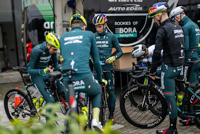 Members of Team Grenke - Auto Eder gather before going out on a training ride in Lake Garda, Italy.