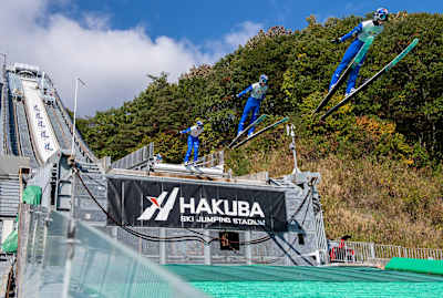 Ryōyū Kobayashi performs a ski jump in Nagano, Japan on October 21, 2020.