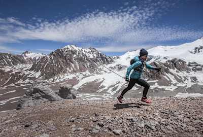 Fernanda Maciel runs in Cerro Aconcagua in Mendoza, Argentina on January 11th, 2016.