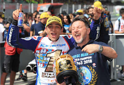 Jorge Martin celebrates 2018 Moto3 World Championship at the Malaysian GP of MotoGP.