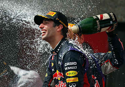Daniel Ricciardo celebrates his victory in the Canadian Gran Prix 2014.