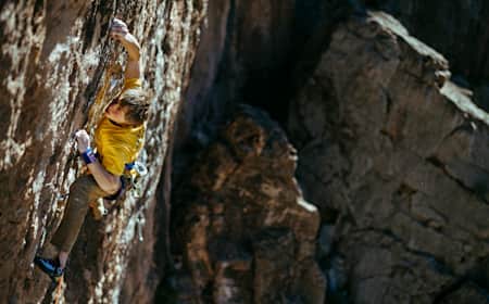 Alexander Megos climbs Necessary Evil (5.14c) on his second try in the Virgin River Gorge of Arizona, USA on March 27, 2018.