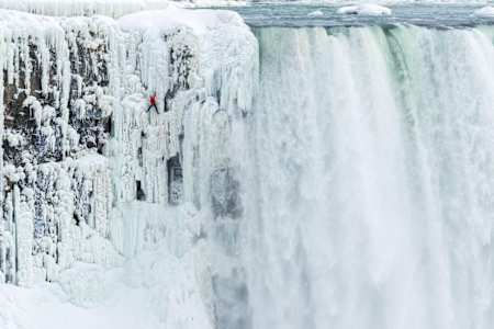 An image of climber Will Gadd on Niagara Falls, Canada.