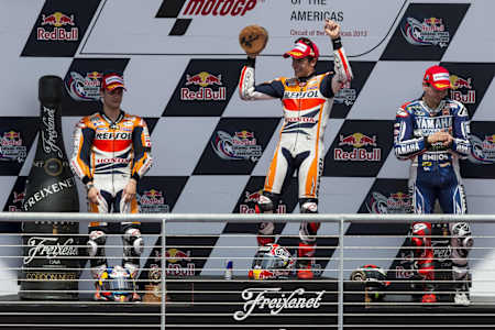 Marc Marquez, Dani Pedrosa, and Jorge Lorenzo on the podium after the MotoGP Red Bull U.S. Grand Prix of The Americas - Race at Circuit of The Americas in Austin, Texas on April 21, 2013.