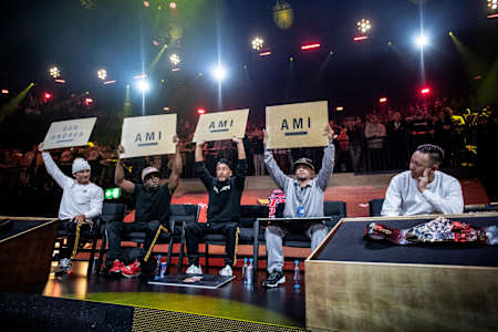 The judges (L-R) Tuff Kid, Junior, Benny Kimoto, Wicket Taisuke, score the final round of the Red Bull BC One World B-Girl Battle Final at Hallenstadion in Zurich, Switzerland on September 29, 2018.
