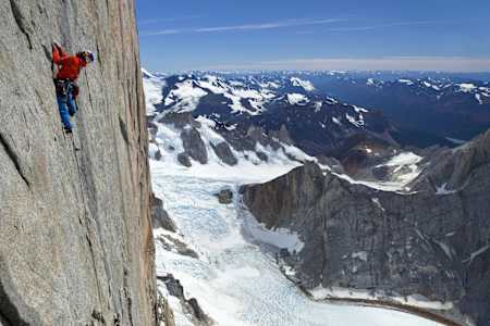 David Lama climbing the headwall of Cerro Torre during the first free ascent of Cerro Torre's Southeast ridge during the third expedition in Patagonia, Argentina on January 21st 2012.