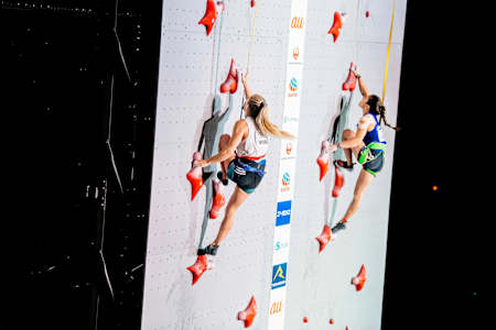 Shauna Coxsey (GBR) and Miho Nonaka (JPN) are seen during the IFSC Climbing World Championships Combined Final in Hachioji, Tokyo, Japan on August 20, 2019.