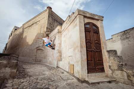 Alexander Titarenko performs during the photo shoot of Red Bull Art of Motion in Matera, Italy on August 23, 2019.