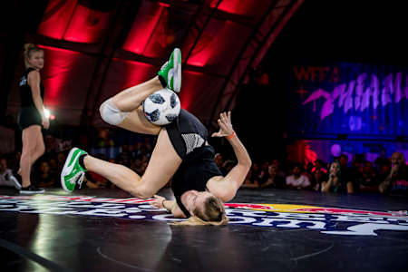 Mélody Donchet of France (R) competes against Aguśka Mnich of Poland (L) during the Red Bull Street Style World Final at Wynwood Marketplace, Miami, USA on November 15, 2019.