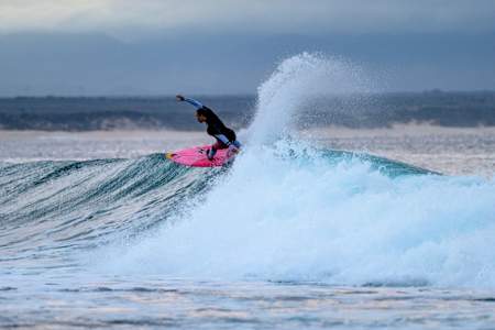 Carissa Moore performs during the Corona J-Bay Open World Surf League in Jeffreys Bay, South Africa on July 10, 2019.