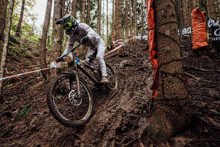 Reece Wilson on course during finals at the UCI DH World Championships in Leogang, Austria, on October 11, 2020.