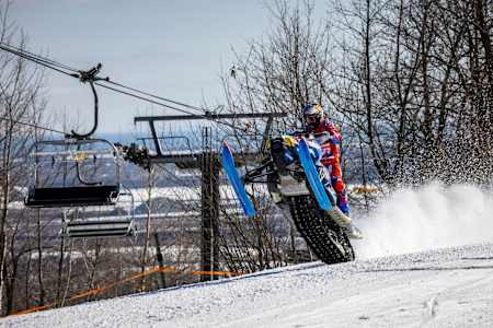 Levi LaVallee filming for Red Bull Portside at Spirit Mountain Ski Resort in Duluth, Minnesota on March 4, 2021.