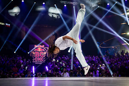 B-Girl Logistx of USA competes at the Red Bull BC One B-girls World Final in the ERGO Arena in Gdansk, Poland on November 6, 2021