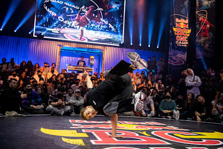 B-boy Amir from Kazakhstan competes at the last chance cypher of the Red Bull Bc One world final in Shakespeare theatre in Gdansk, Poland on November 4, 2021.