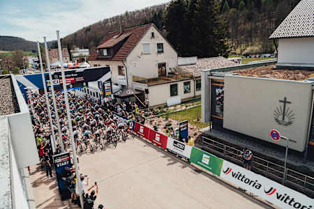 Men's elite start line at the 2021 UCI Albstadt XCO World Cup seen from above.