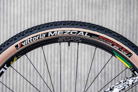 Close up view of the tyre and wheel on Pauline Ferrand-Prevot's BMC Fourstroke mountain bike.