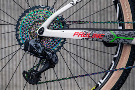 Close up view of the rear gearing on Pauline Ferrand-Prevot's BMC Fourstroke mountain bike.