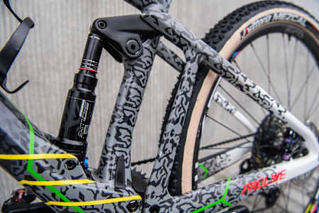 Close up view of the rear triangle on Pauline Ferrand-Prevot's BMC Fourstroke mountain bike.