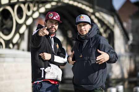 Lil G (left) and RoxRite (right) pose for a portrait at the Napoléon Bridge in Lille, France during the Europe Red Bull BC One All Star Tour, February 23, 2018.