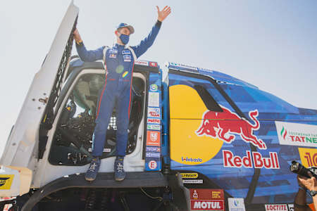 Dmitry Sotnikov at the Dakar Rally finish line in Saudi Arabia.