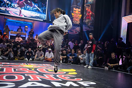 B-Girl Isis competes at the Red Bull BC One Last Chance Cypher in the Shakespeare theatre in Gdansk, Poland on November 4, 2021.