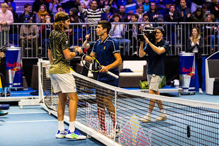 Stefanos Tsitsipas and Carlos Alcaraz at the Red Bull BassLine in Vienna, Austria on October 22, 2021