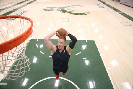 Donte DiVincenzo of the Milwaukee Bucks participates in a video shoot at the Froedtert & the Medical College of Wisconsin Sports Science Center on November 9, 2020.