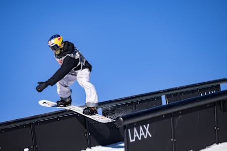 Brock Crouch performs during the qualification stage of the Laax Open World Cup in Laax Switzerland on January 13, 2022.  