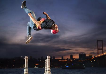 Pavel Petkuns performs against the Istanbul skyline in 2014.