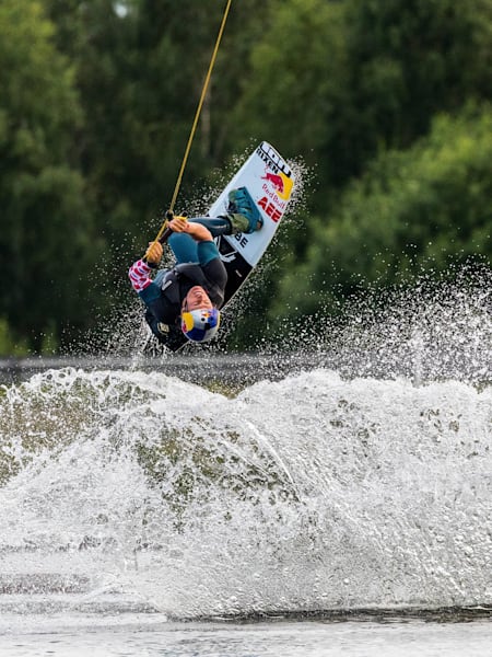 Domi Gührs flies through the air on his wakeboard in Lithuania.