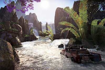 Une voiture dans une rivière dans le jeu PS4 Uncharted The Lost Legacy de la série de jeux Uncharted