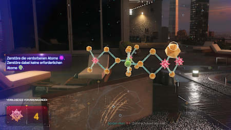 Una schermata di Marvel's Spider-Man 2 mostra una missione secondaria in cui bisogna combinare gli atomi.