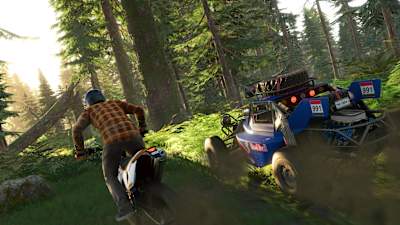 A screenshot of a dirt bike and Proto Buggy in action from The Crew 2 