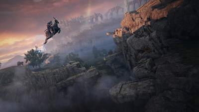 An image showing a scene from the Lands Between from the role-playing game Elden Ring.