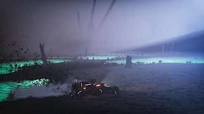 Captura de pantalla de Exo Rally Championship muestra una carrera con vehículos exploradores en un planeta.