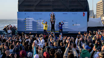 Jamie Overbeek, Lorenza Casati and Andrea Principi celebrate during Red Bull King of the Air in Cape Town, South Africa, on November 26, 2022.