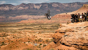 Carson Storch backflips at Red Bull Rampage in Virgin, Utah, USA on 13 October, 2023.