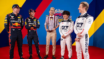 Max Verstappen, Sergio Pérez, Yuki Tsunoda and Liam Lawson seen during the Red Bull (Un)serious Race Series in Tokyo, Japan, on September 22, 2023.