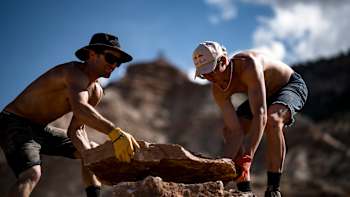 Tyler McCaul, Jaxson Riddle digging and prepping the course during the Red Bull Rampage in Virgin, Utah, USA on 6 October, 2021.
